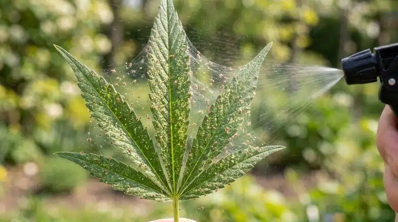 Hoja de Gelato Fast Version afectada por ácaros durante una inspección y tratamiento fitosanitario en cultivo de cannabis.