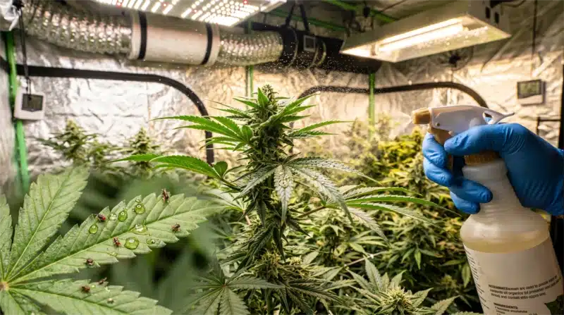 Aplicación de tratamiento preventivo en una planta de Gelato Regular para controlar plagas durante la fase de floración.