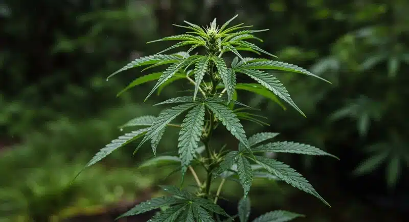 Planta de Gelato x Kosher Kush en fase inicial de floración con hojas sanas y desarrollo uniforme de las futuras flores.