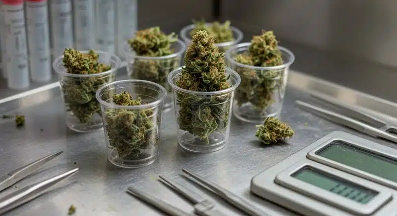 Muestras de cogollos de cannabis preparadas para pruebas de laboratorio junto a instrumentos de medición. El estudio de genéticas de cannabis con larga vida útil permite identificar variedades capaces de conservar su potencia