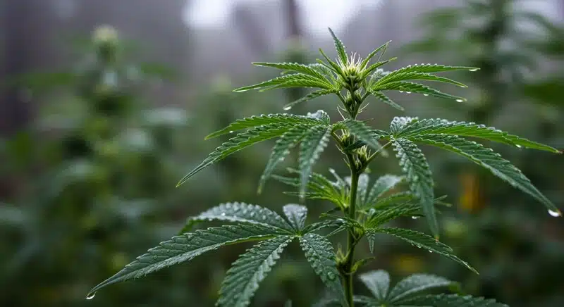 Planta de Ghost OG Chemdog Auto en fase temprana de floración con hojas cubiertas de gotas de agua y desarrollo en cultivo protegido.