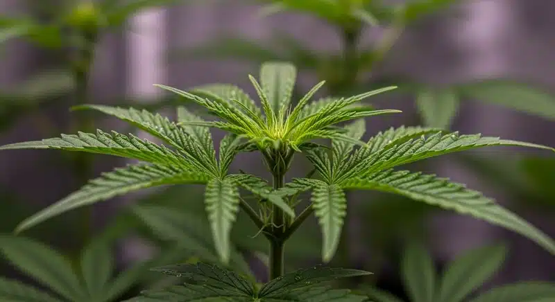 Planta de Girl Scout Cookies x Kush en fase vegetativa con un crecimiento apical y hojas sanas bajo iluminación controlada.