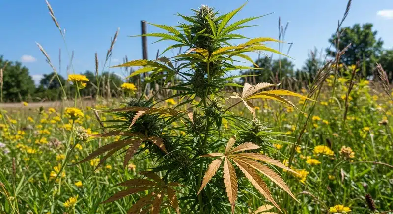 Planta Girl Scout Cookies x Somango Auto cultivada en exterior con floración avanzada, estructura compacta y hojas con tonalidades otoñales características al final del ciclo.