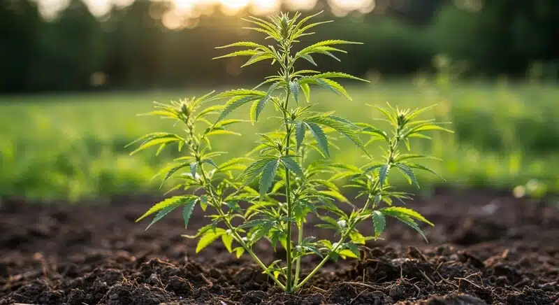 Planta God’s Gift en crecimiento vegetativo al aire libre, con estructura compacta y ramas laterales bien desarrolladas bajo luz solar natural.