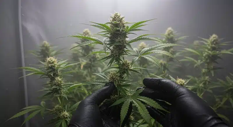Cultivo indoor de God’s Gift en plena floración, con flores densas y abundante producción de resina. Ofrece cosechas de alta calidad.