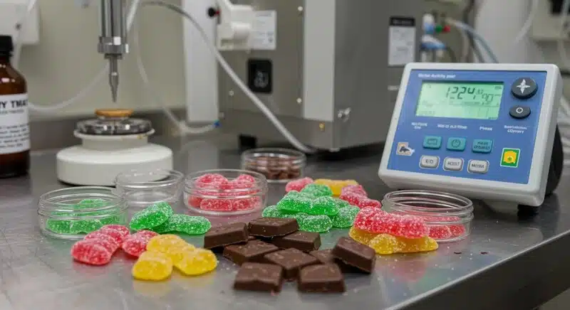 Piruleta de THC y otros comestibles de cannabis sometidos a control de calidad en laboratorio.