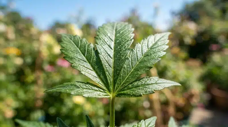 Hoja de planta de cannabis Ak x Somango Auto en cultivo exterior con luz natural, follaje verde y saludable con nervaduras bien definidas. Variedad de cannabis en condiciones naturales.