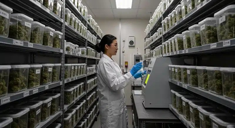 Variedades ricas en cannabinoides con potencia duradera almacenadas en condiciones controladas.