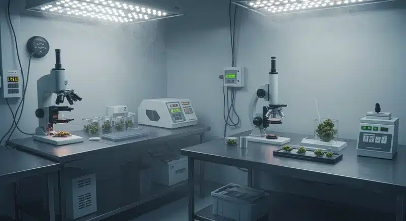Laboratorio climatizado equipado con instrumentos de monitorización ambiental y análisis de muestras de cannabis. Aplicar consejos para conservar semillas de cannabis en condiciones controladas reduce el deterioro.