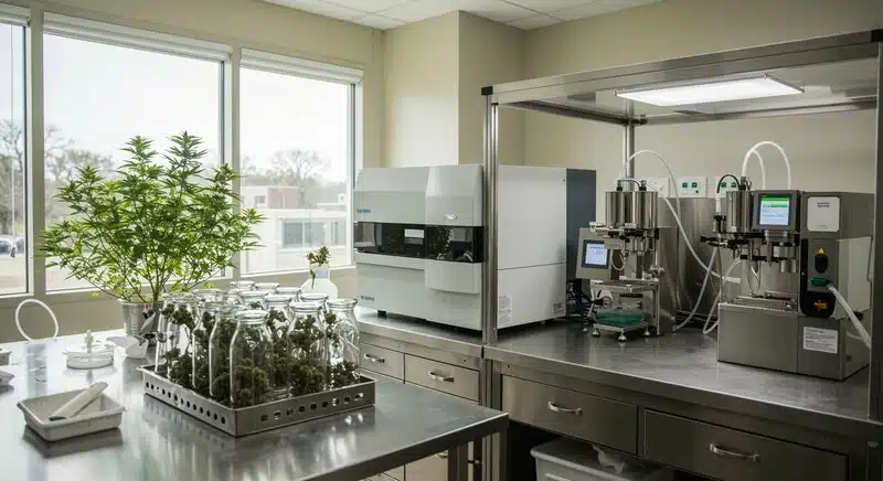 Laboratorio equipado para medir la degradación y estabilidad de cannabinoides como THC y CBD en muestras de cannabis conservadas a largo plazo.