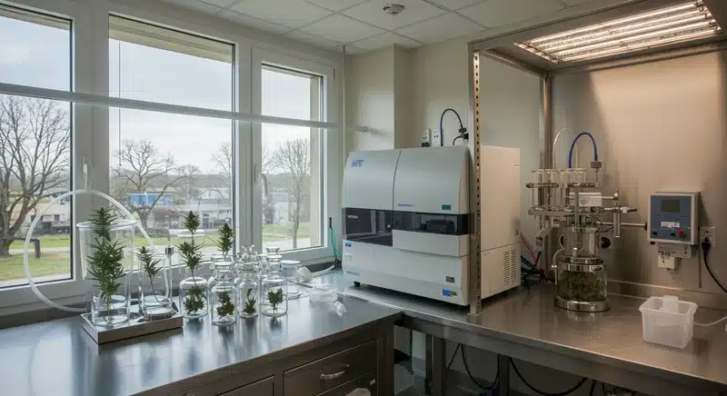 Laboratorio especializado en análisis y conservación de cannabinoides donde se aplican mejores prácticas para mantener la estabilidad química del cannabis a largo plazo.