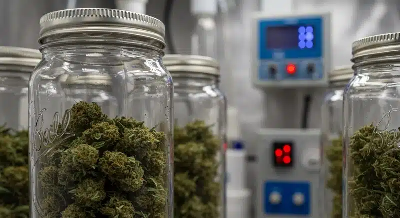 THC vs CBN en marihuana envejecida analizado mediante control de calidad y almacenamiento de cannabis.