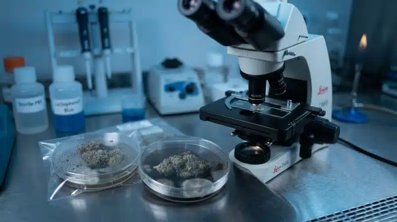 Especies de Aspergillus frecuentes en cannabis analizadas mediante microscopía en un laboratorio microbiológico.