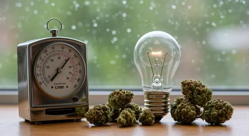 Cogollos de cannabis junto a instrumentos de medición ambiental empleados para analizar cómo la luz, la humedad y la temperatura degradan cannabinoides como THC y CBD.