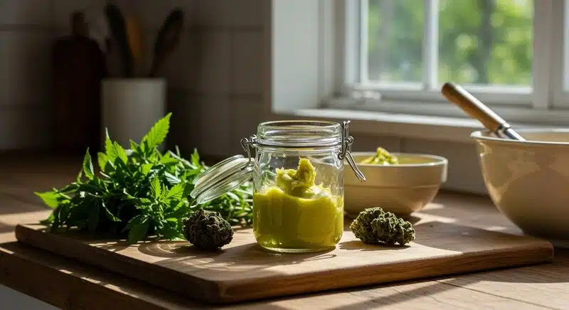 Mantequilla de cannabis casera lista para preparar recetas dulces y saladas.