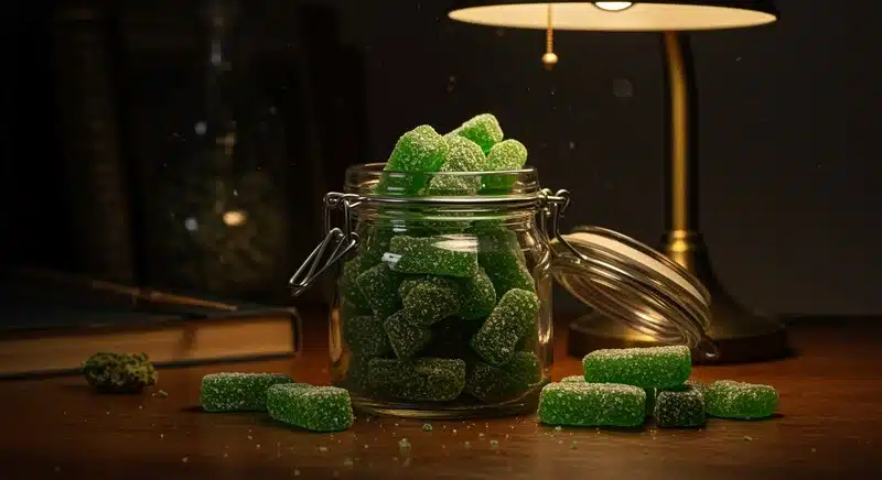 Gomitas verdes infusionadas con cannabis presentadas en un frasco de vidrio sobre una mesa iluminada. 