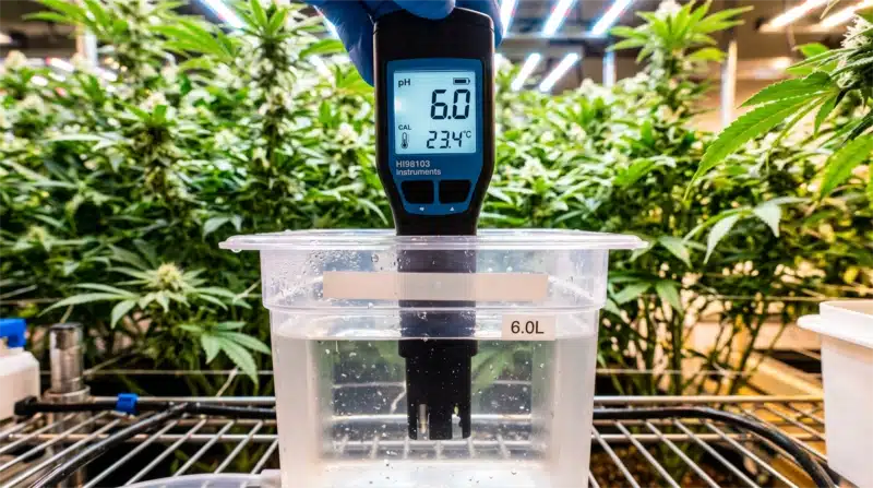 Medidor de pH analizando una solución nutritiva para el cultivo de Gelato Regular en un entorno interior bajo iluminación LED