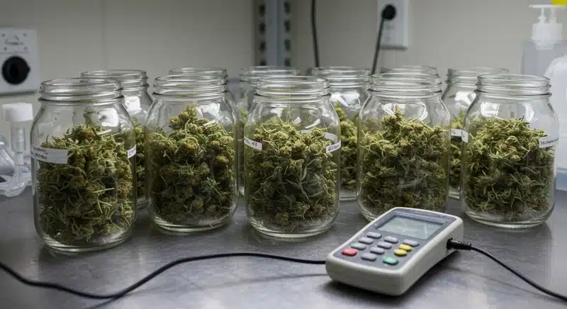 Métodos para conservar cannabinoides en flores de cannabis almacenadas en frascos de vidrio.