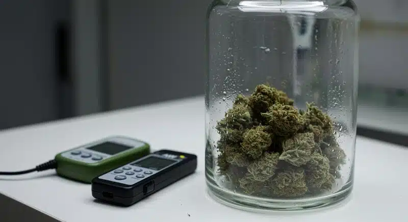 Cogollos de cannabis almacenados en un recipiente de vidrio junto a dispositivos de monitorización ambiental. El análisis de variedades procedentes de semillas con alto THC y potencia estable