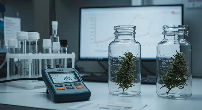 Muestras de cannabis almacenadas en frascos de vidrio y evaluadas con equipos de laboratorio.