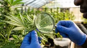 Frosted Guava con abundante producción de tricomas observados durante la floración en cultivo de cannabis.