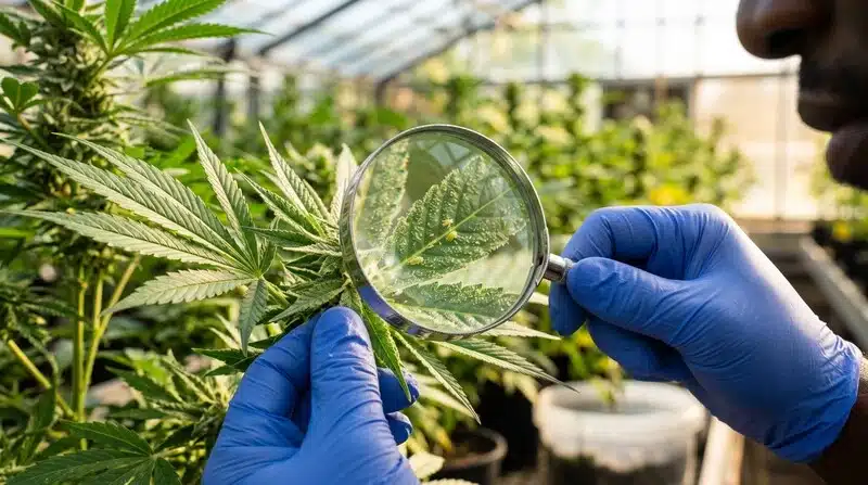 Frosted Guava con abundante producción de tricomas observados durante la floración en cultivo de cannabis.