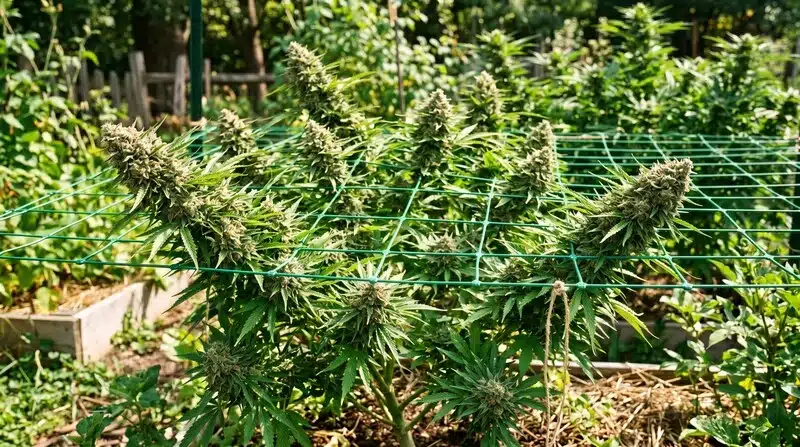 Cogollos de Fruit Auto desarrollándose en cultivo exterior con malla de soporte SCROG.