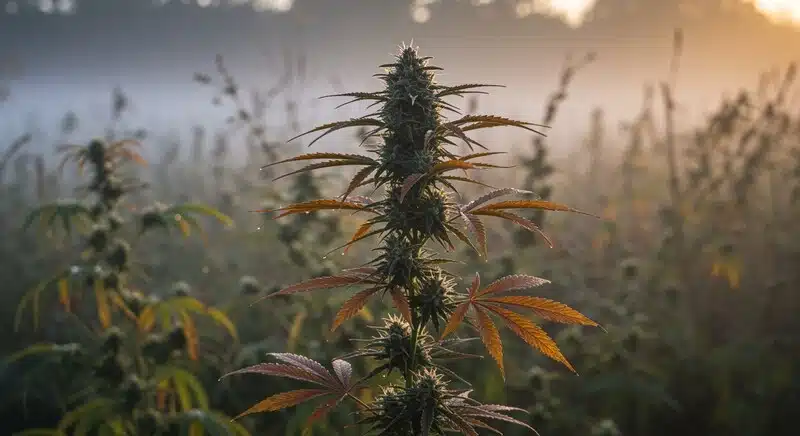 Marihuana tipo caramelo con flores de cannabis de perfil dulce y afrutado en cultivo exterior.