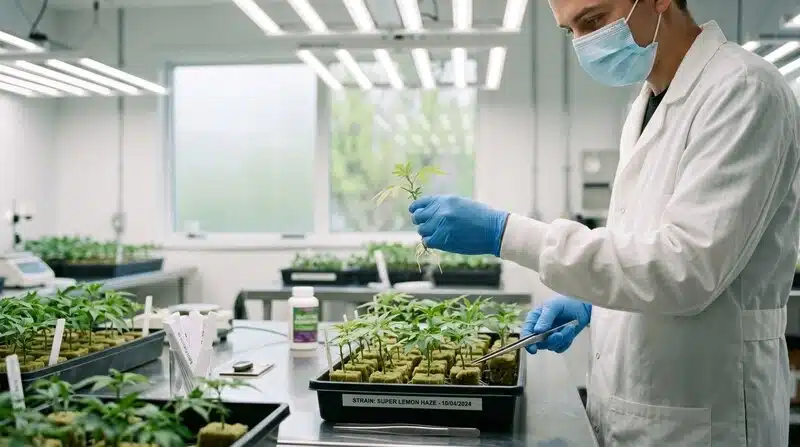 Plántulas de Fro-Yo Auto desarrollándose en cultivo controlado de interior para la producción de cannabis autofloreciente.