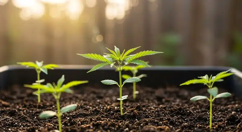 Plántulas de cannabis en una zona crítica de carga microbiana en salas de cultivo.