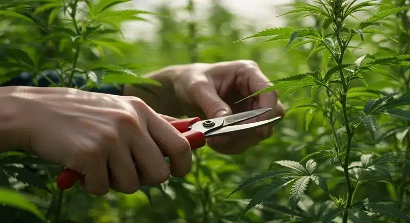 Cultivador realizando poda selectiva en una planta de Forbidden Zkittlez durante el crecimiento, favoreciendo la entrada de luz y el desarrollo equilibrado del cultivo de cannabis.