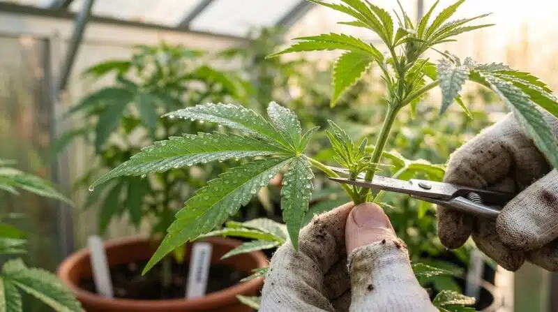 Poda de una planta Gelato x Face OFF durante la fase vegetativa para mejorar la estructura, la circulación de aire y el desarrollo de futuras flores.