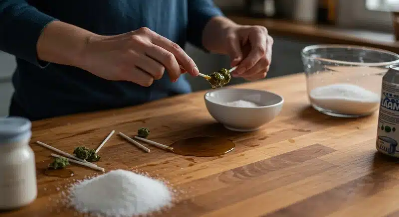 Piruleta comestible de cannabis elaborada artesanalmente con extractos infusionados y cobertura de azúcar.