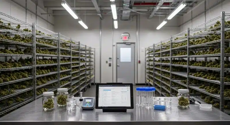 Analizando flores de cannabis en recipientes de laboratorio. Mantener niveles adecuados de humedad ayuda a proteger el THC de la degradación y a preservar la calidad de los cannabinoides durante el almacenamiento.