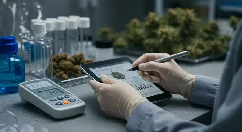  Laboratorio especializado realizando seguimiento de la calidad de flores de cannabis almacenadas. El envasado al vacío ayuda a ralentizar la degradación del THC y otros cannabinoides.
