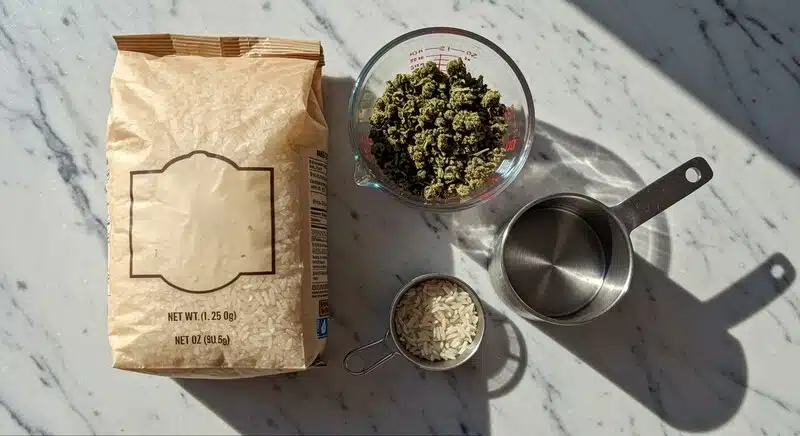 Ración de arroz con marihuana servida en un plato y acompañada de hierbas frescas. 