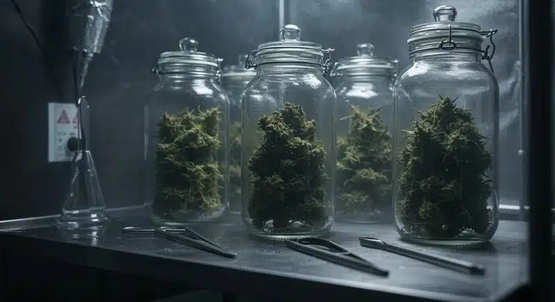 Flores de cannabis conservadas en recipientes herméticos dentro de un entorno controlado. Las variedades de cannabis que se degradan más lentamente suelen mantener mejor su contenido de cannabinoides.