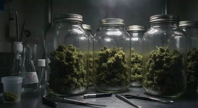 Cogollos de cannabis conservados en recipientes herméticos durante procesos de almacenamiento y curado. La comparación entre THC y CBN en marihuana envejecida permite evaluar el impacto del tiempo
