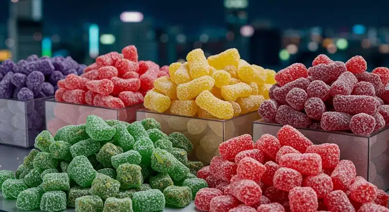 Variedad de gomitas y dulces con cannabis presentados en varios colores y formas.