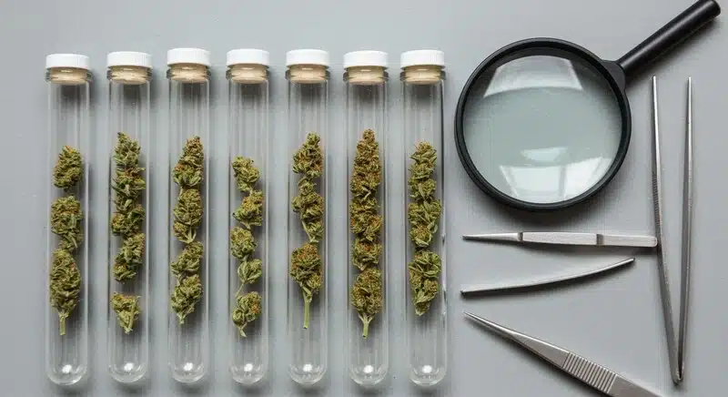 Muestras de cannabis en tubos de laboratorio empleadas para analizar la estabilidad, oxidación y vida media de los cannabinoides durante el almacenamiento.