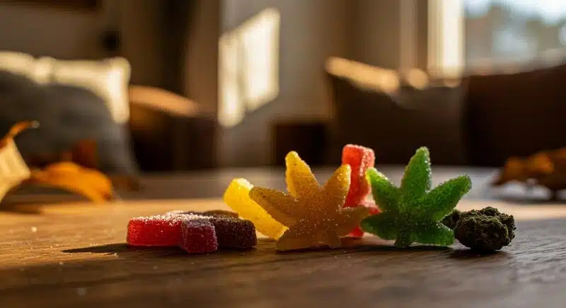 Snacks de marihuana tipo gomitas infusionadas con cannabis para consumo comestible.