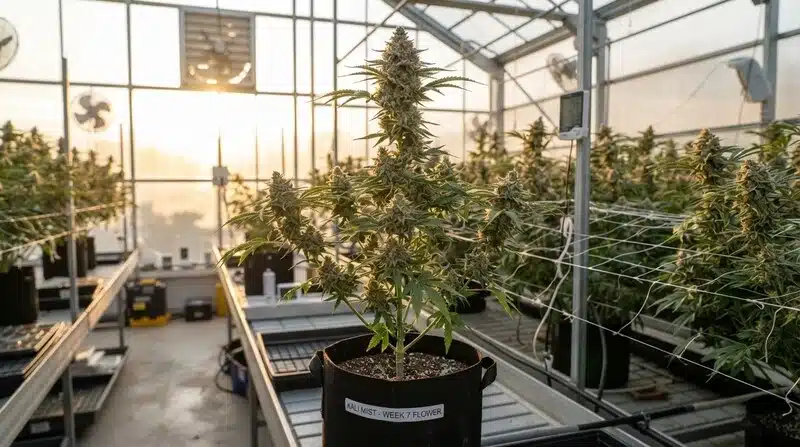 Planta de Ak59 Auto cultivada en invernadero durante la etapa de floración, con una cola principal bien desarrollada y múltiples flores resinosas.