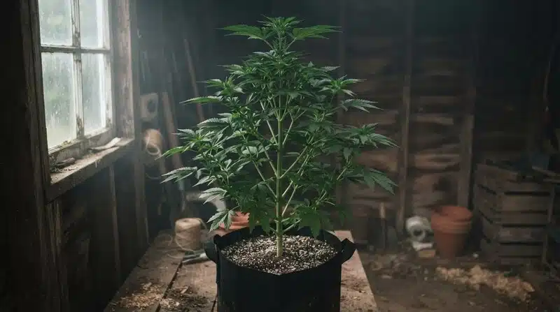 Planta de cannabis Alaskan Thunderfuck en fase vegetativa cultivada en maceta de tela.