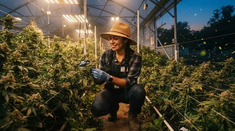 Cultivadora inspeccionando plantas de Alaskan Thunderfuck durante la floración en un invernadero. Tareas de mantenimiento y supervisión de un cultivo de cannabis en un entorno controlado.