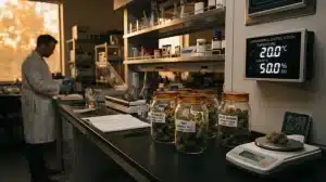 Cogollos de cannabis Alien OG Fast Version almacenados y analizados en laboratorio.