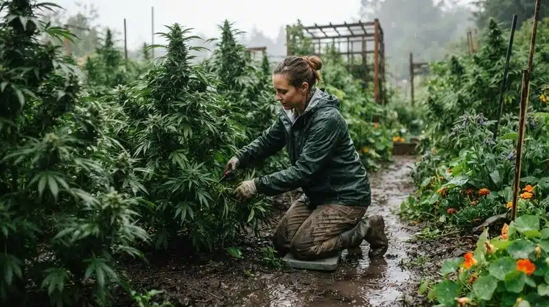 Cultivadora realizando labores de mantenimiento en un cultivo exterior de Alien OG Fast Version.