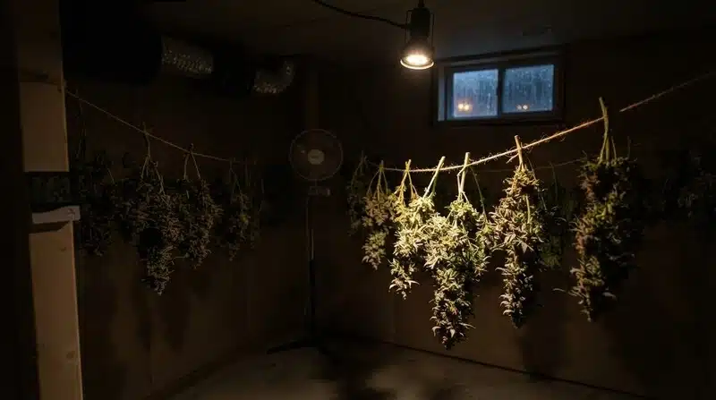 Cogollos de Alien Rock Candy F1 colgados en una sala de secado con ventilación controlada para favorecer un secado uniforme.