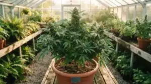 Planta de cannabis Alien Rock Candy F1 en floración cultivada en invernadero.