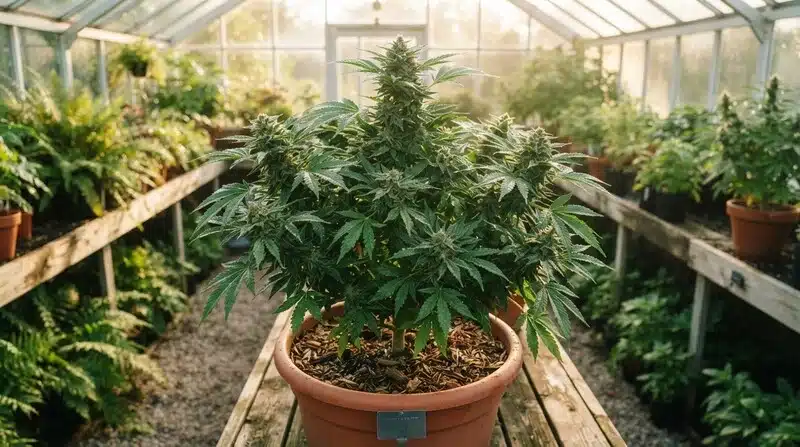 Planta de cannabis Alien Rock Candy F1 en floración cultivada en invernadero.