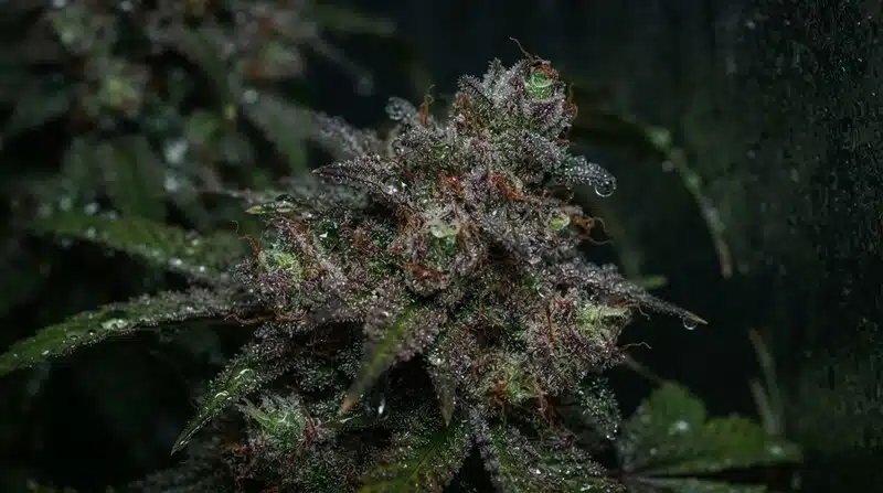 Cogollo de Alien Technology en plena floración, cubierto por una densa capa de tricomas y con tonalidades púrpuras y verdes. Desarrollo de la resina y la estructura compacta de esta variedad de cannabis.